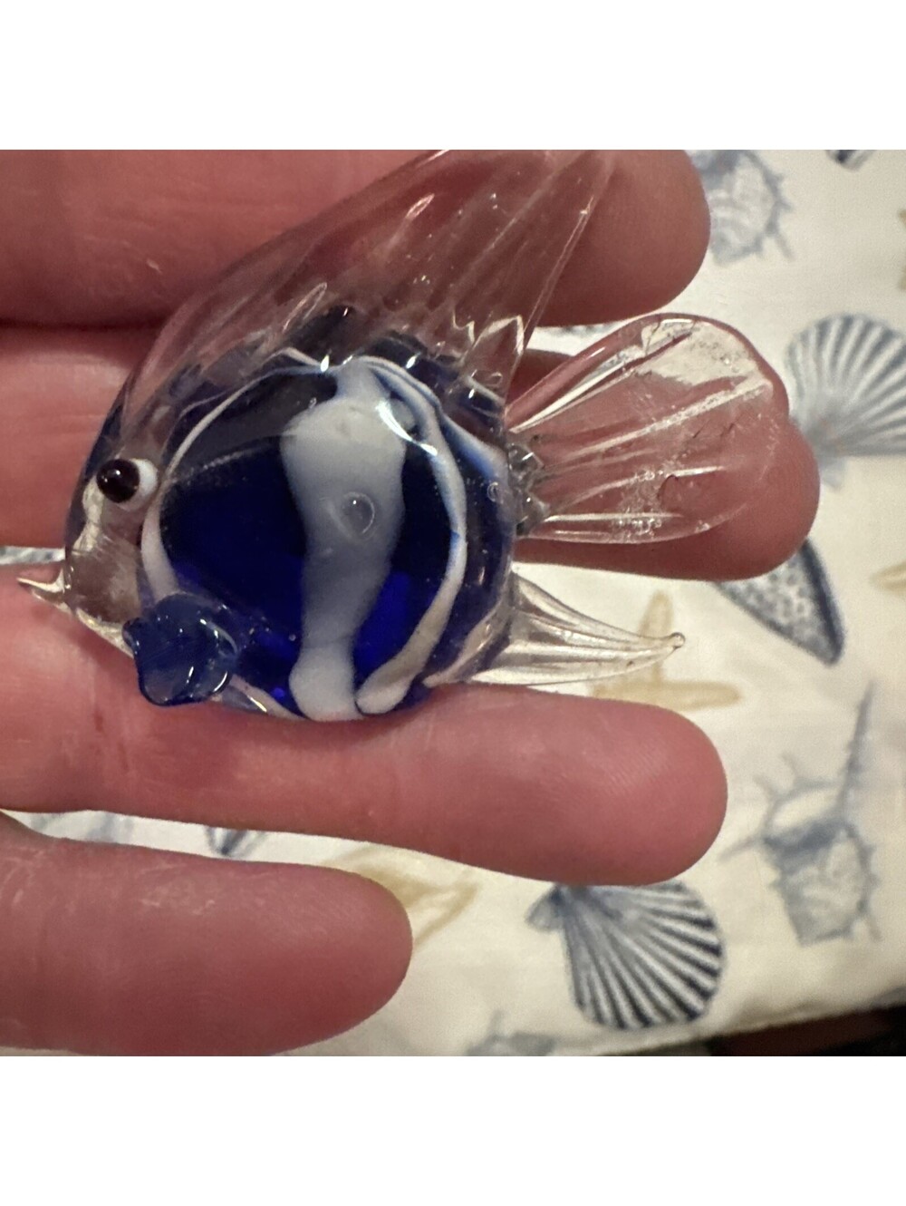 Art Glass Hand Blown Blue White Clear Angel Fish. Beautiful